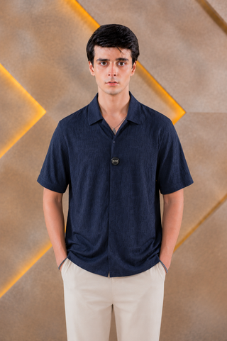 Textured Navy Blue Short-Sleeve Shirt Ecowears Store