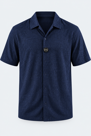 Textured Navy Blue Short-Sleeve Shirt — front studio product image