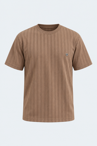 Textured Striped Crew Neck T-Shirt – Mocha Brown — front studio view