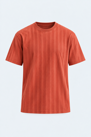 Textured Striped Crew Neck T-Shirt – Rust Orange — front studio view