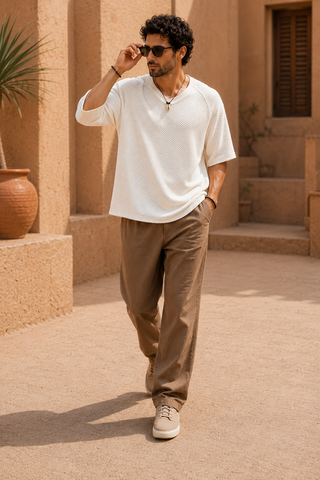 White Textured V-Neck T-Shirt Ecowears Store