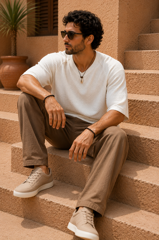 White Textured V-Neck T-Shirt Ecowears Store