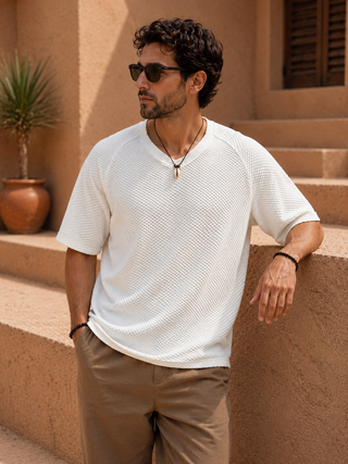 White Textured V-Neck T-Shirt Ecowears Store