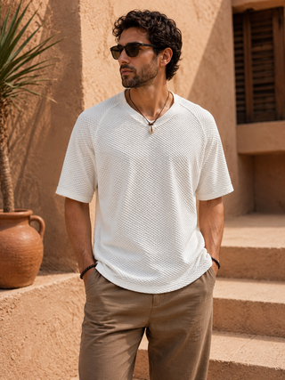 White Textured V-Neck T-Shirt Ecowears Store