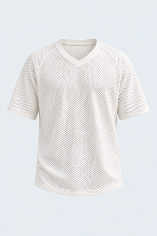 White Textured V-Neck T-Shirt — front studio view